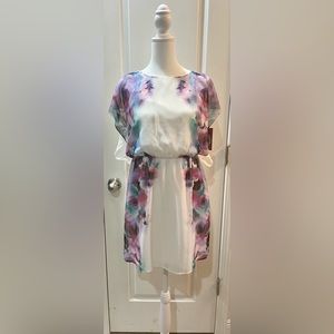 White Dress with Pink, Purple, and Blue Watercolor Flowers. Size M.